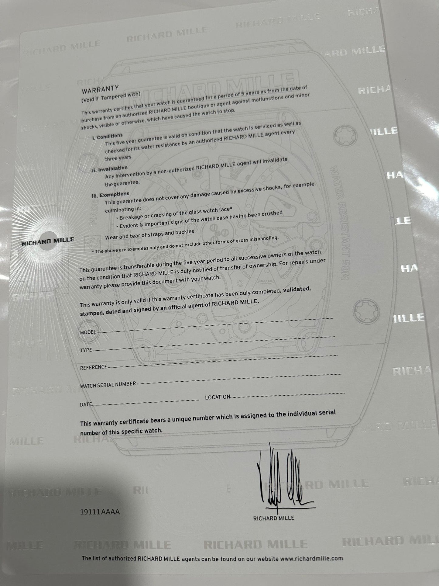 Richard Mille Certificate