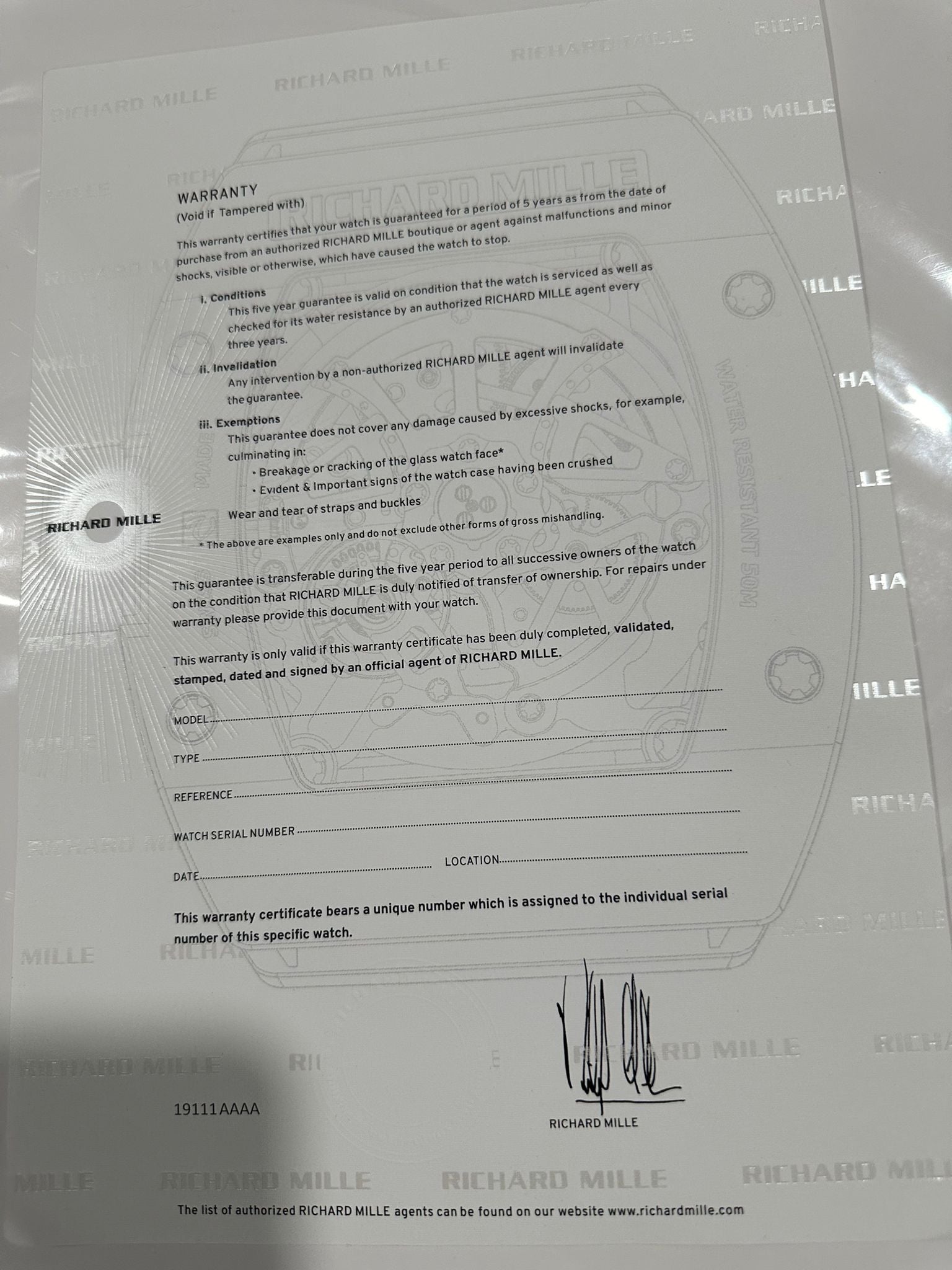 Richard Mille Certificate